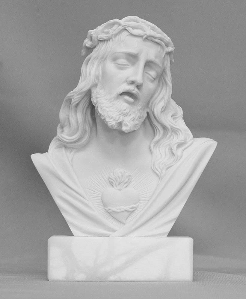 Sacred Heart of Jesus bust in white alabaster and resin with base, 5". Made in Italy., # 7368