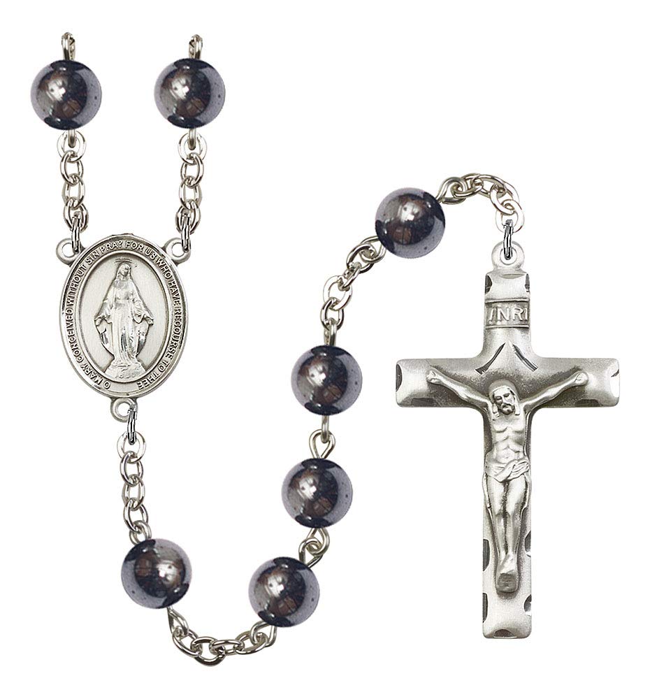 Miraculous Medal Rosary, 8mm Hematite Beads, Silver Plate, # 11101