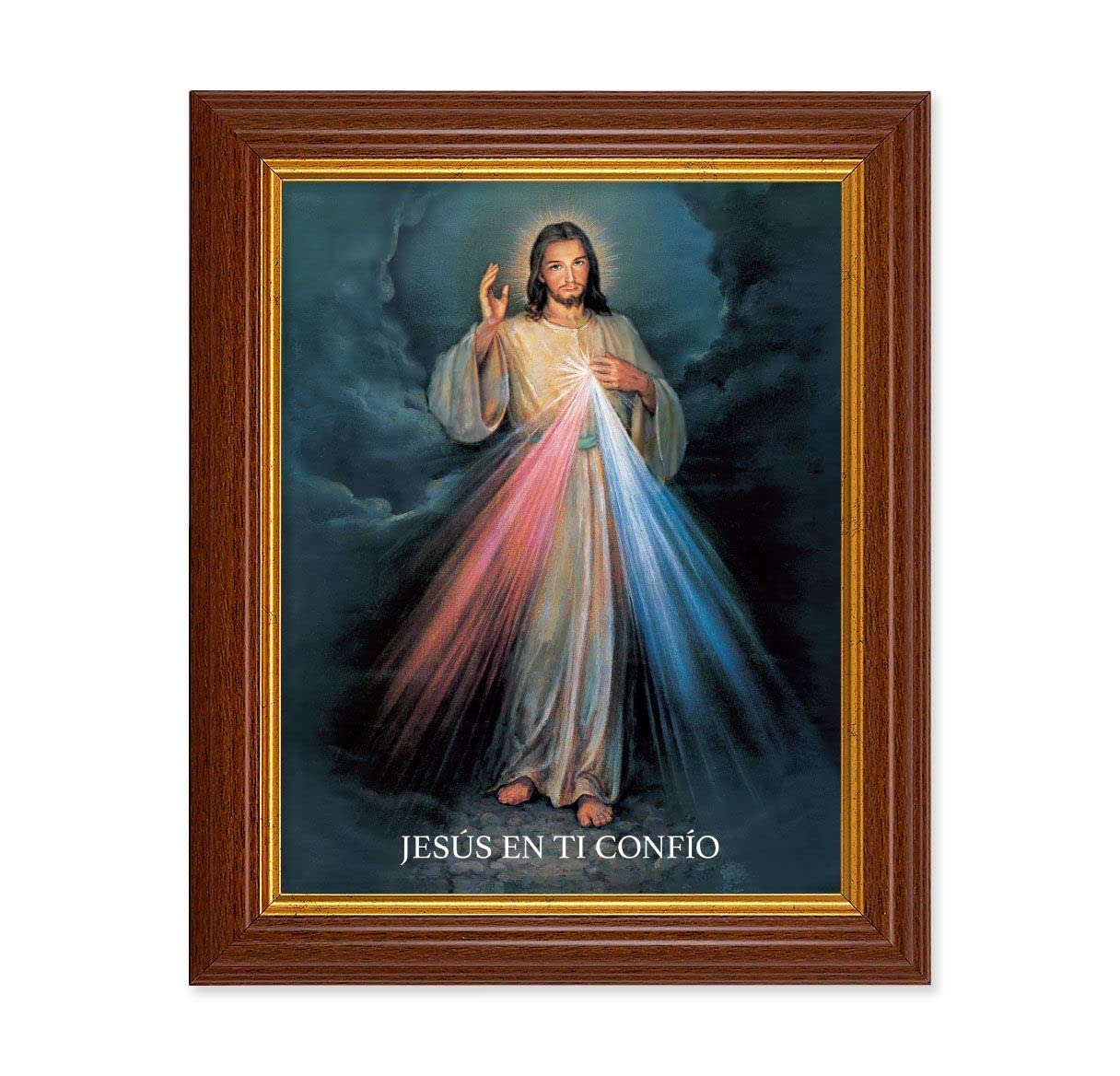 Spansh Divine Mercy, 10.5"x12.5" Walnut Finished Fluted Frame, Gold Beaded Lip, Italian Print # 26961