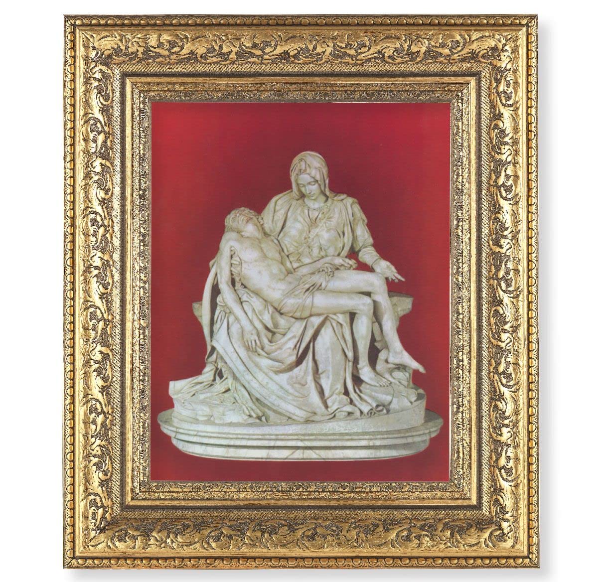 The Pieta Picture, 12-1/2"x14-1/2, Antique Gold Leaf Carvings Ornate Frame, Italian Print Under Glass # 25582