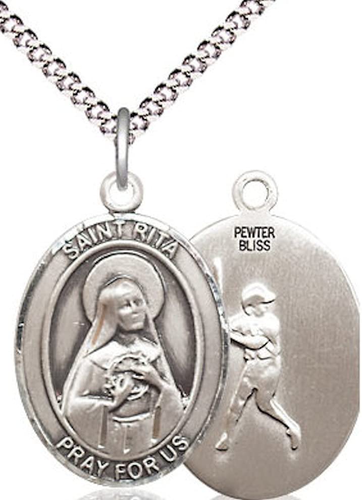 Baseball / St. Rita Medal in Fine Pewter, 3/4", Your Choice of Chain # 17578