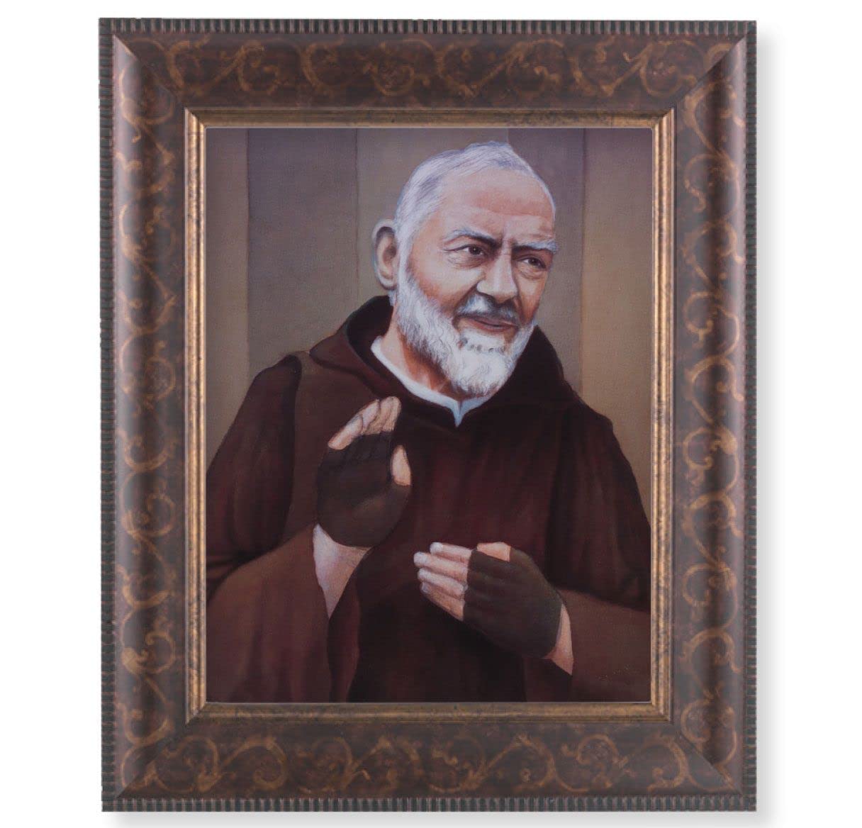 St. Padre Pio Picture, 11-1/4"x13-1/4, Antique Gold & Espresso Frame, Italian Print Under Glass # 25889