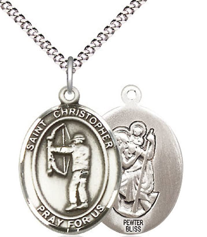 Archery / St. Christopher Medal in Fine Pewter, 3/4", Your Choice of Chain # 17373