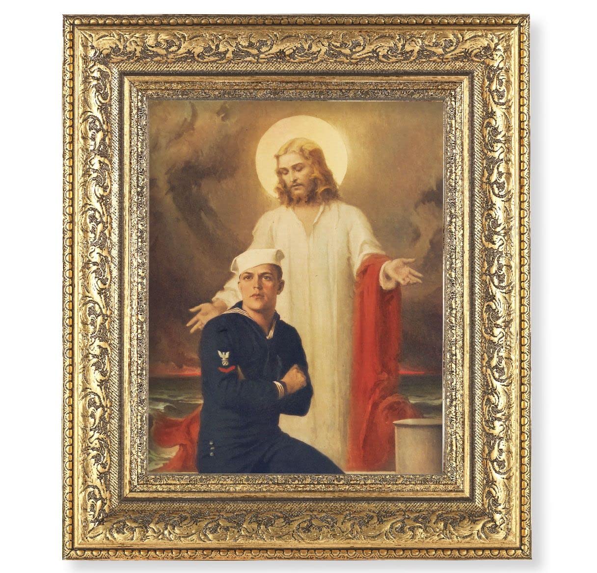 Jesus with Sailor Picture, 12-1/2"x14-1/2, Antique Gold Leaf Carvings Ornate Frame, Italian Print Under Glass # 25572