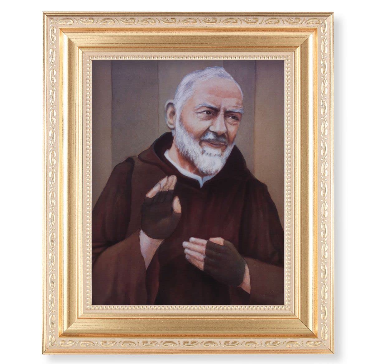 St. Padre Pio, 11.5"x13.5" Satin Gold Frame, Distressed Finish with Scrollwork, Italian Print Under Glass # 26488