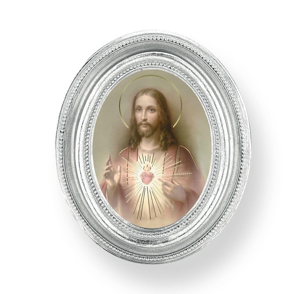 Sacred Heart, Silver Finish 3-3/4"x4-1/2 Oval Frame, Exclusive Gold Stamped Print Under Glass # 28437