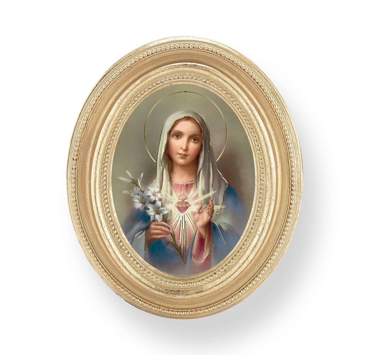 Immaculate Heart of Mary Picture, Gold Finish 3-3/4"x4-1/2 Oval Frame, Exclusive Gold Stamped Print Under Glass # 28411