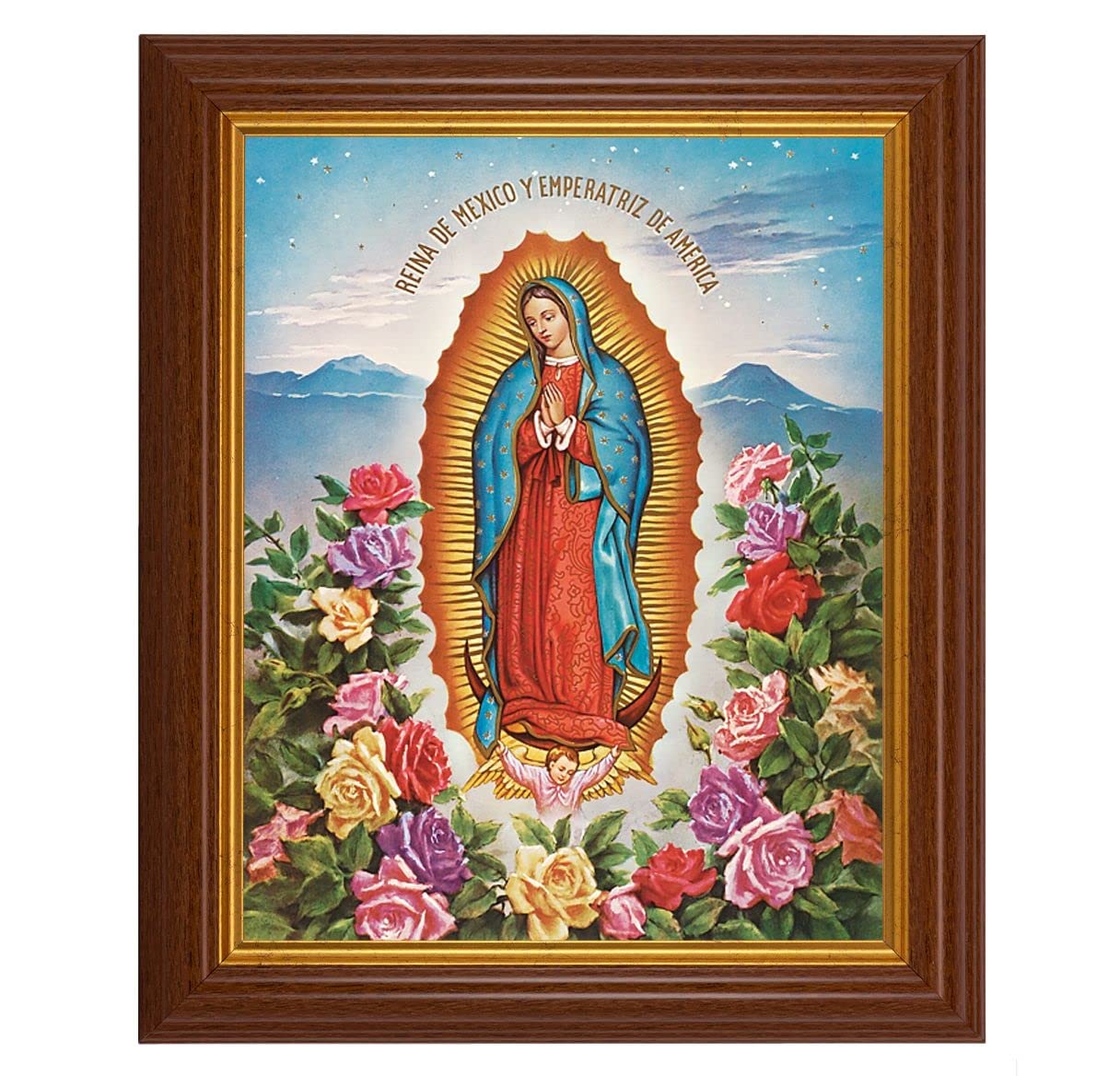 Our Lady of Guadalupe, 10.5"x12.5" Walnut Finished Fluted Frame, Gold Beaded Lip, Italian Print # 27000