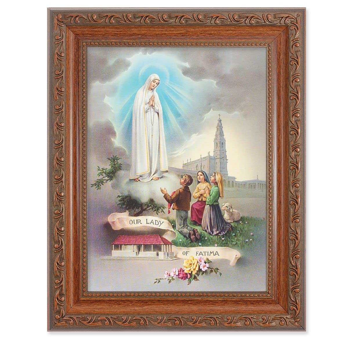 Our Lady of Fatima Picture, 8-1/4"x10-1/4 Mahogany Finish with Acanthus Leaf Detail Under Glass # 27812