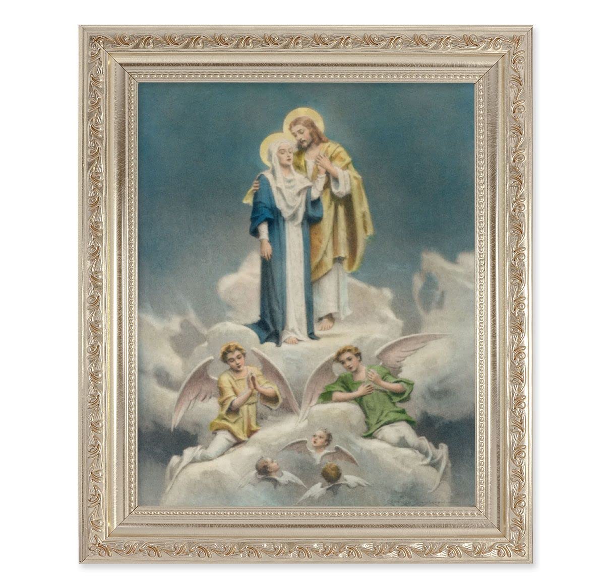 Chambers: Jesus & Mary in Heaven, 10"x12" Antique Silver & Carved Scrollwork Frame, Italian Print Under Glass # 26943