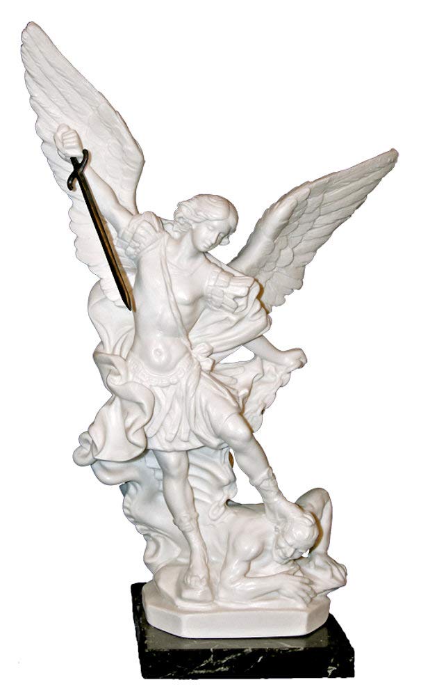 St. Michael Statue, White Alabaster, Marble Base, 9.5", 21974
