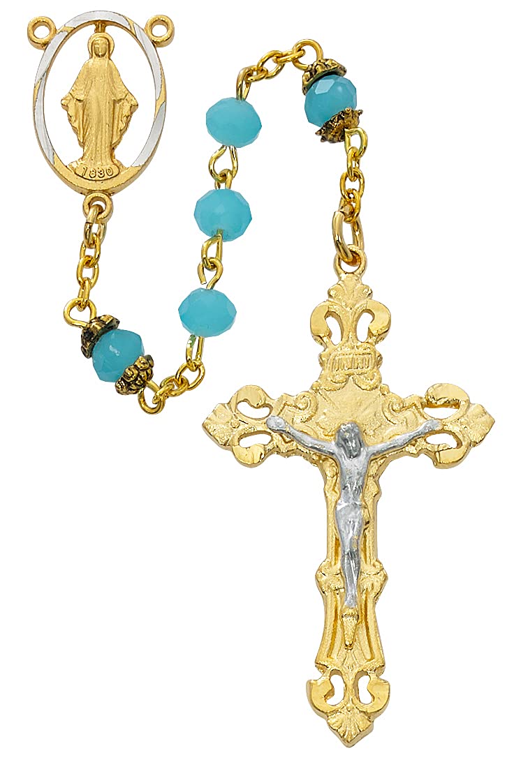Pierced Center Gold Plated Rosary, 6mm Aqua Beads, Gold Plated Center and 2" Crucifix # 21214