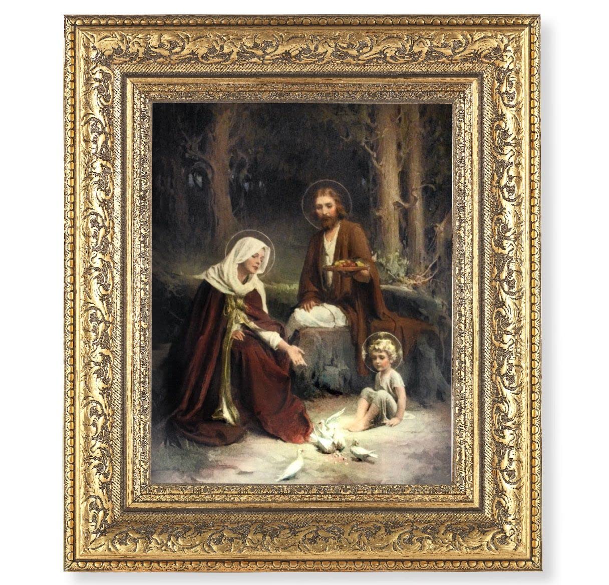 Holy Family Picture, 12-1/2"x14-1/2, Antique Gold Leaf Carvings Ornate Frame, Italian Print Under Glass # 25561