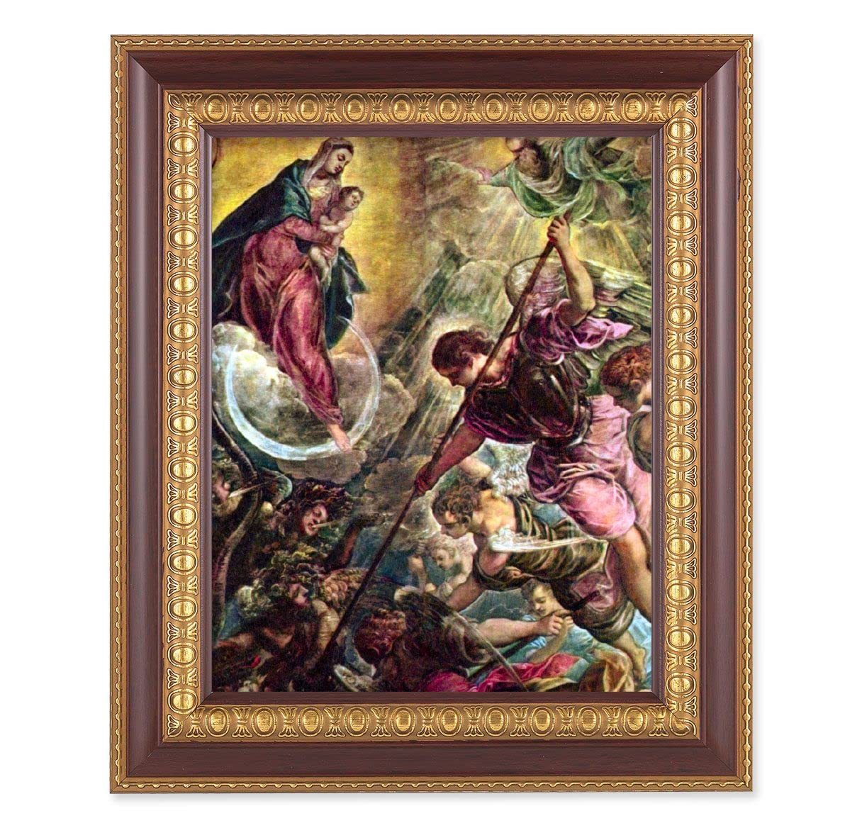 The Battle of Archangel Michael, 11-1/2"x13-1/2, Cherry Finish with Gold Egg & Dart Frame, Italian Print Under Glass # 26129