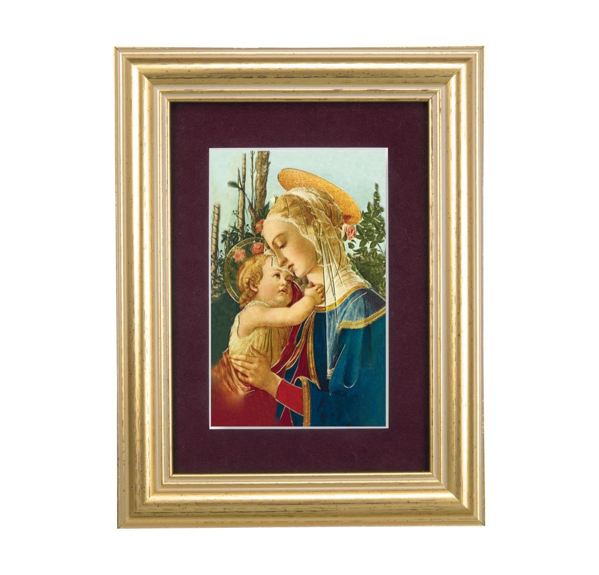 Madonna & Child Picture, 5"x6.5" Antique Gold Fluted Frame, Behind Maroon Velvet Matting # 28299