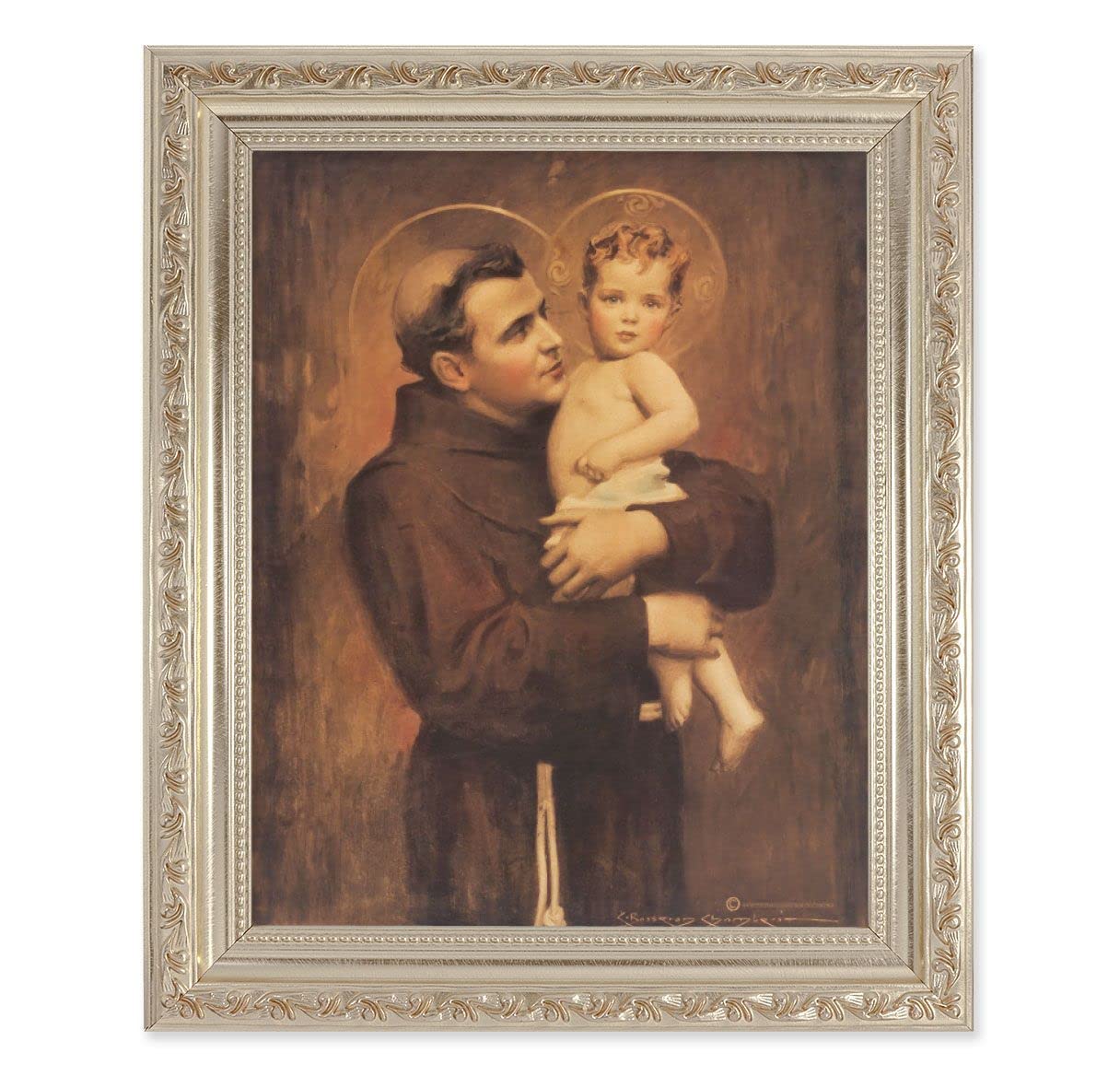 Chambers: St. Anthony & Child Jesus, 10"x12" Antique Silver & Carved Scrollwork Frame, Italian Print Under Glass # 26889