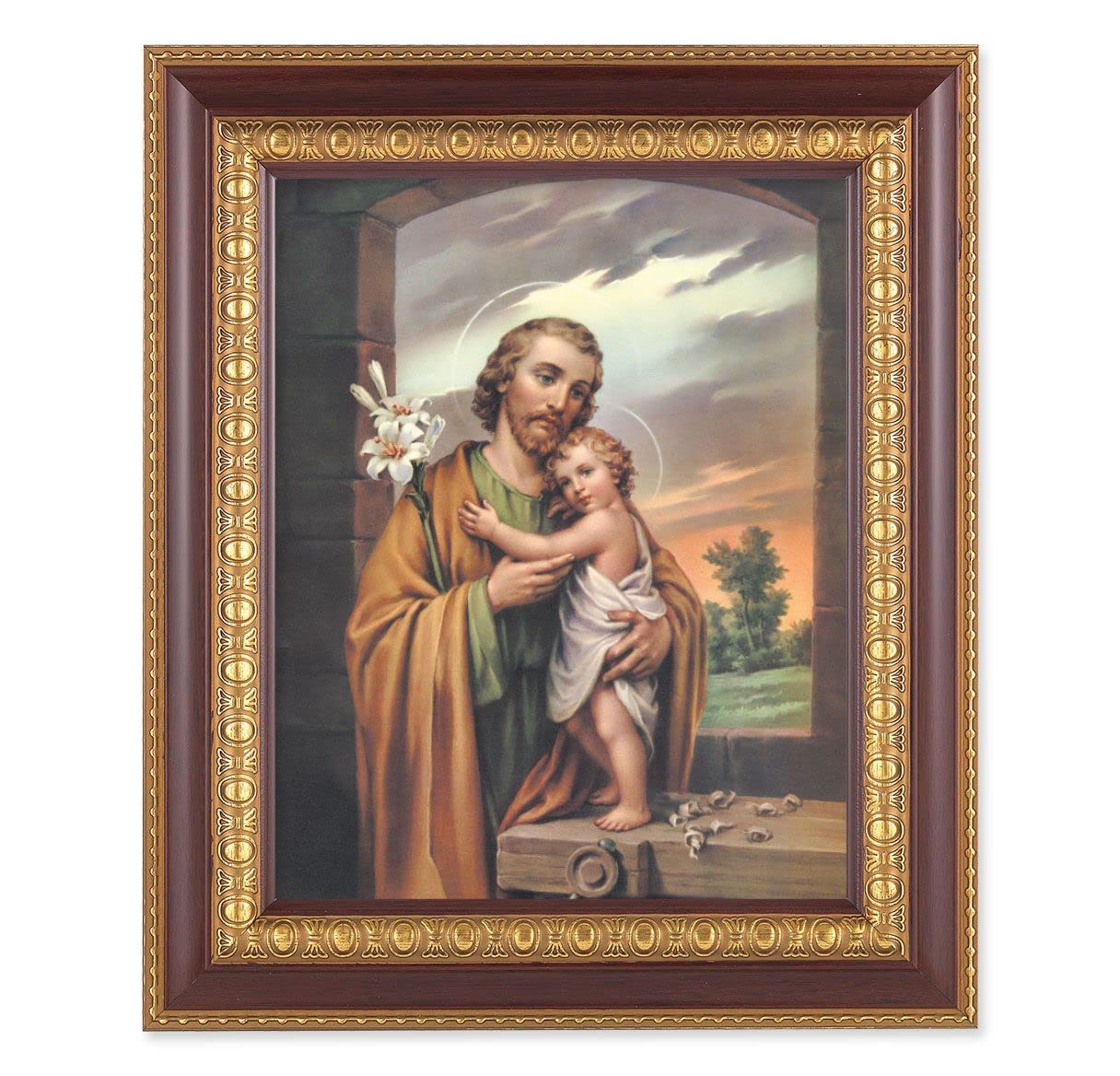 St. Joseph & Child, 11-1/2"x13-1/2, Cherry Finish with Gold Egg & Dart Frame, Italian Print Under Glass # 26097