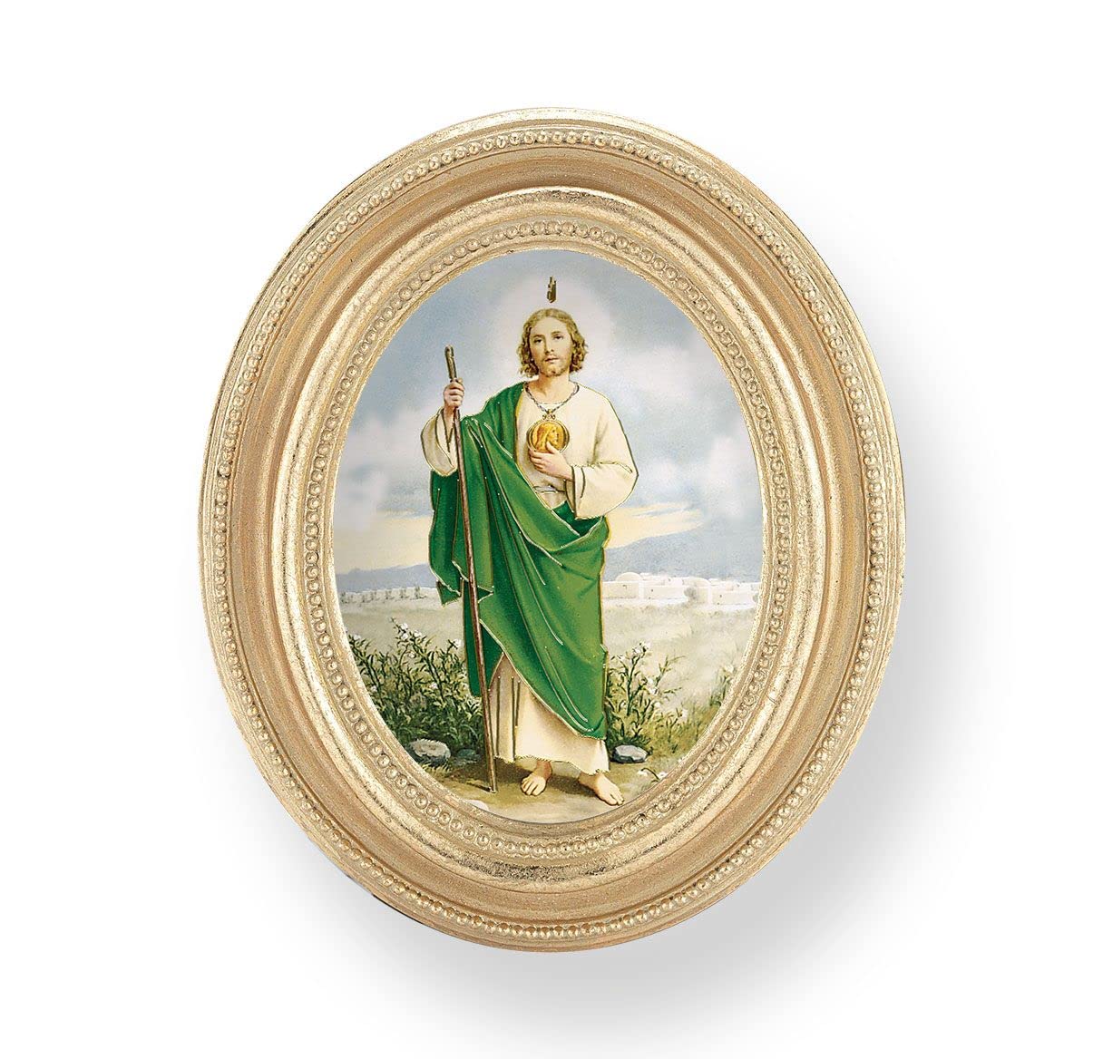 St. Jude Picture, Gold Finish 3-3/4"x4-1/2 Oval Frame, Exclusive Gold Stamped Print Under Glass # 28424