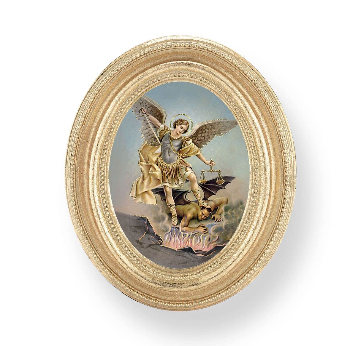 St. Michael Picture, Gold Finish 3-3/4"x4-1/2 Oval Frame, Exclusive Gold Stamped Print Under Glass # 28425