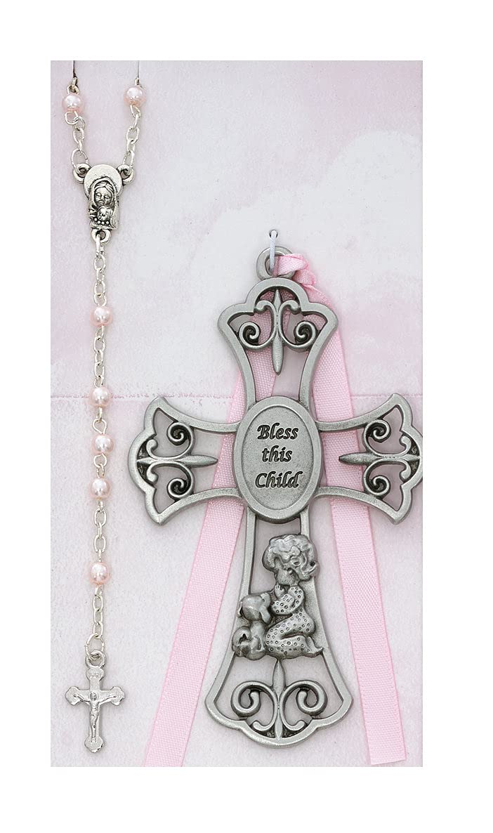 Praying Baby Girl Bless This Child Cross & Rosary Set, 3-3/4" Cross with 3mm Beads # 21568
