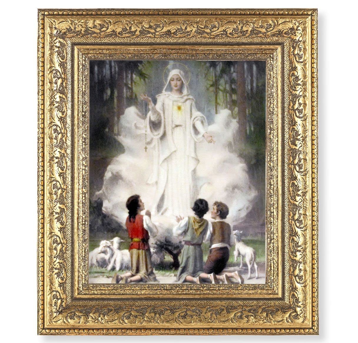 Our Lady of Fatima Picture, 12-1/2"x14-1/2, Antique Gold Leaf Carvings Ornate Frame, Italian Print Under Glass # 25557