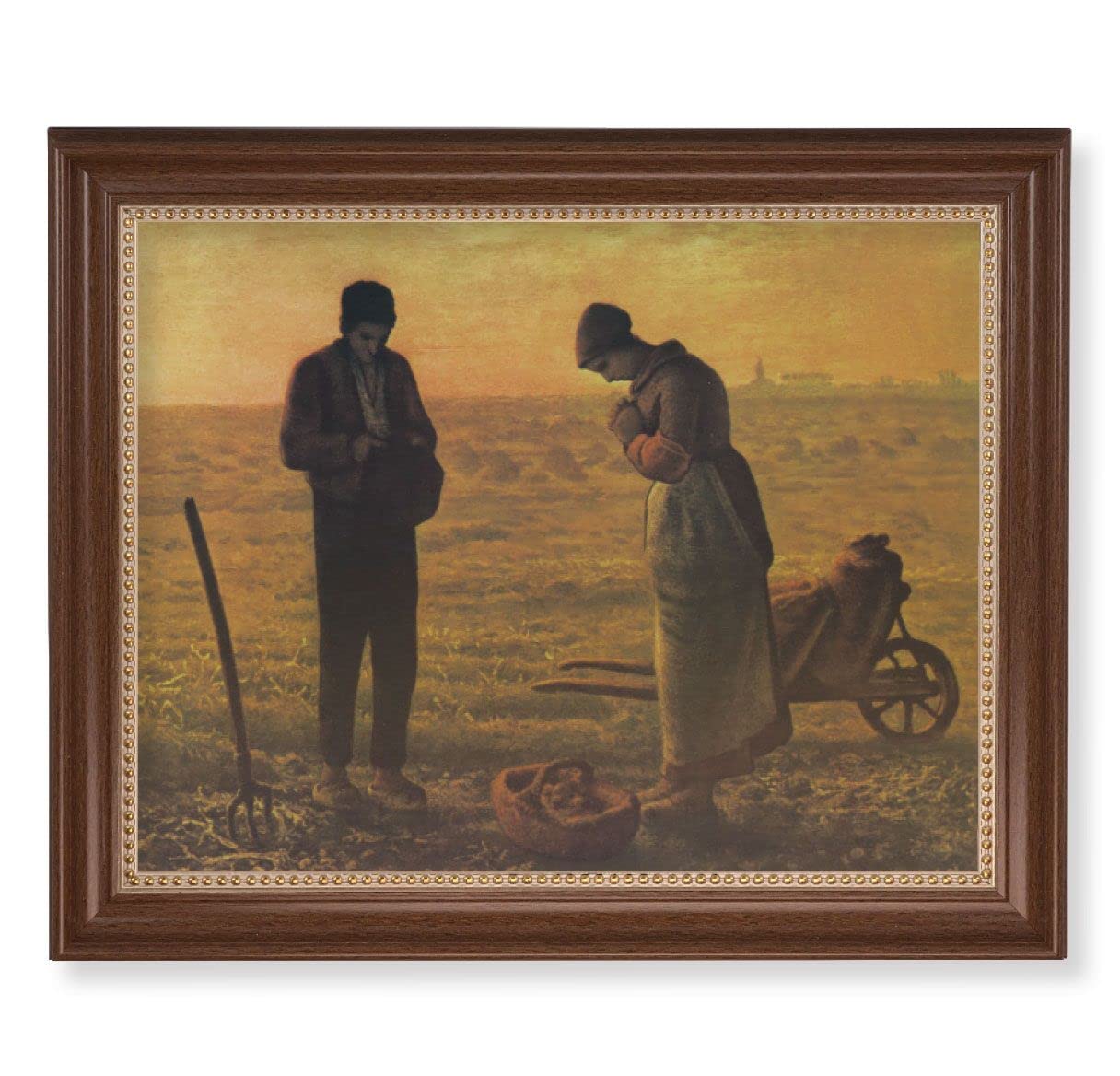 Millet: The Angelus Picture, 13-1/2"x16-9/16 Walnut Finish Frame with Gold Beaded Lip, Textured Italian Print # 25230