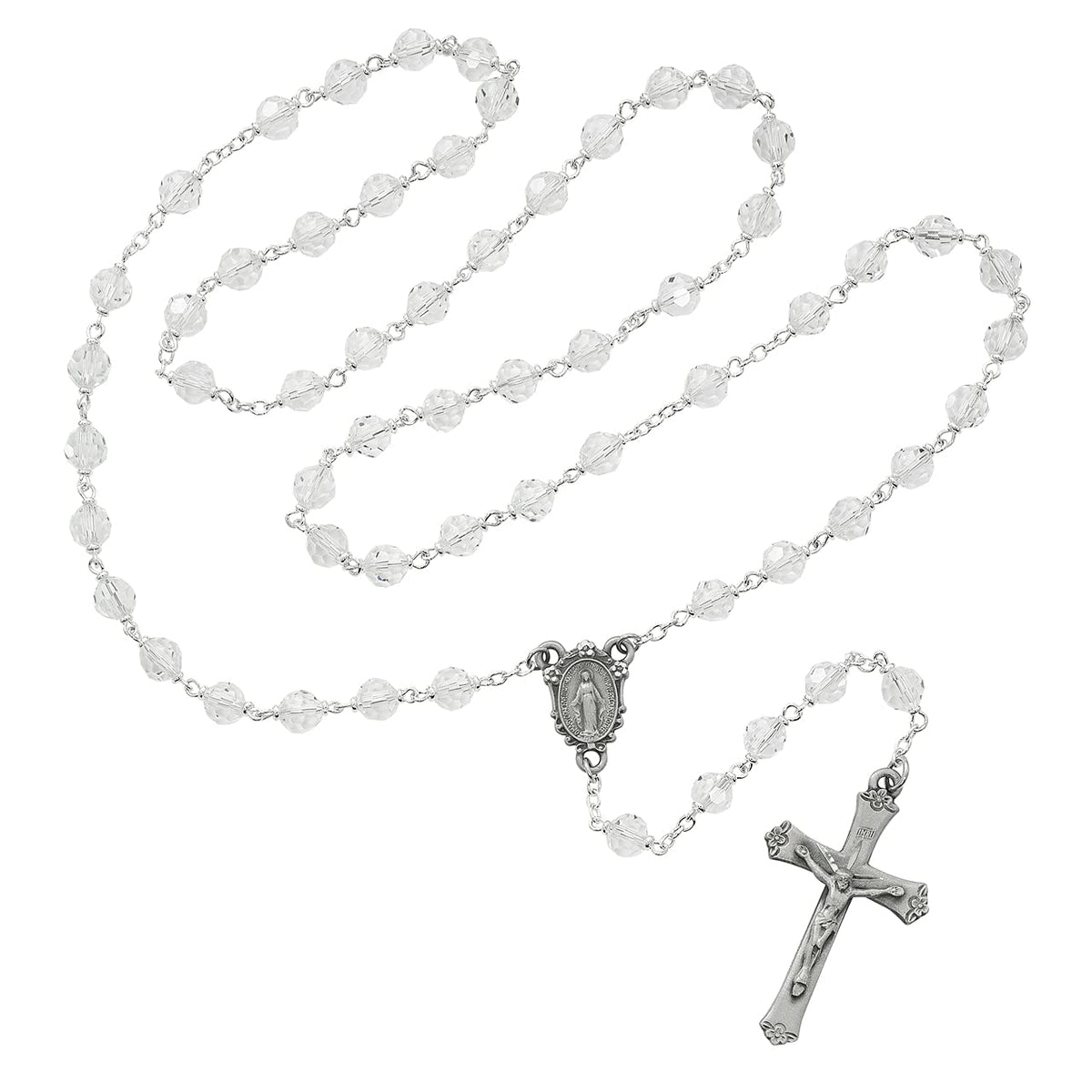 Miraculous-Medal Rosary, 7mm Tin Cut Crystal Beads, Pewter Center and 1-7/8" Crucifix # 21185