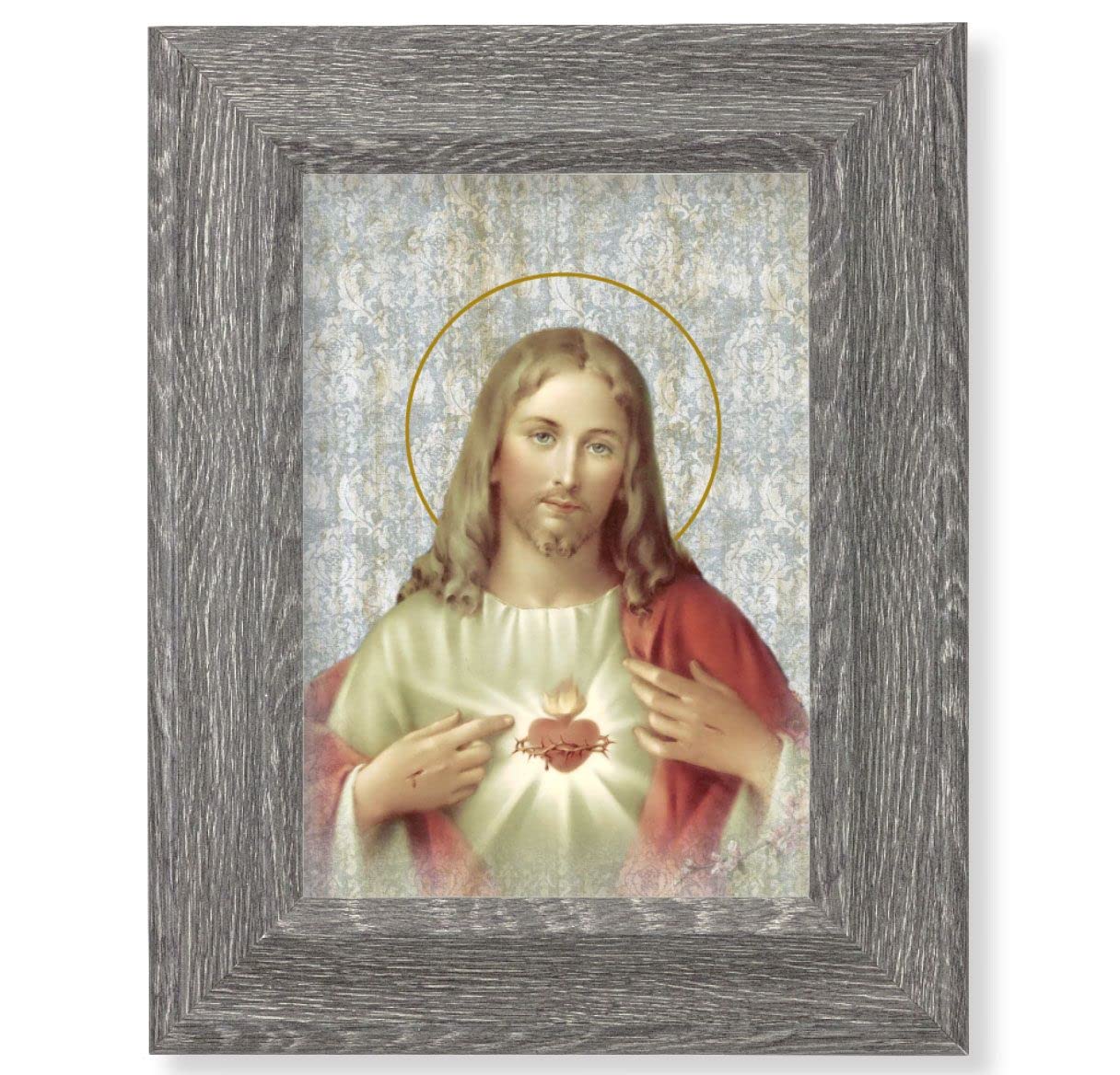 Sacred Heart of Jesus Print on Wood, 7-1/2"x9-1/2 Dark Gray Weathered Frame, Italian # 28037