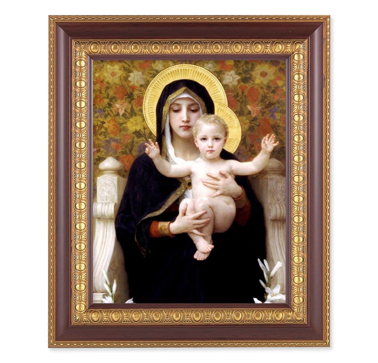 Bouguereau: Madonna of The Lilies, 11-1/2"x13-1/2, Cherry Finish with Gold Egg & Dart Frame, Italian Print Under Glass # 26015