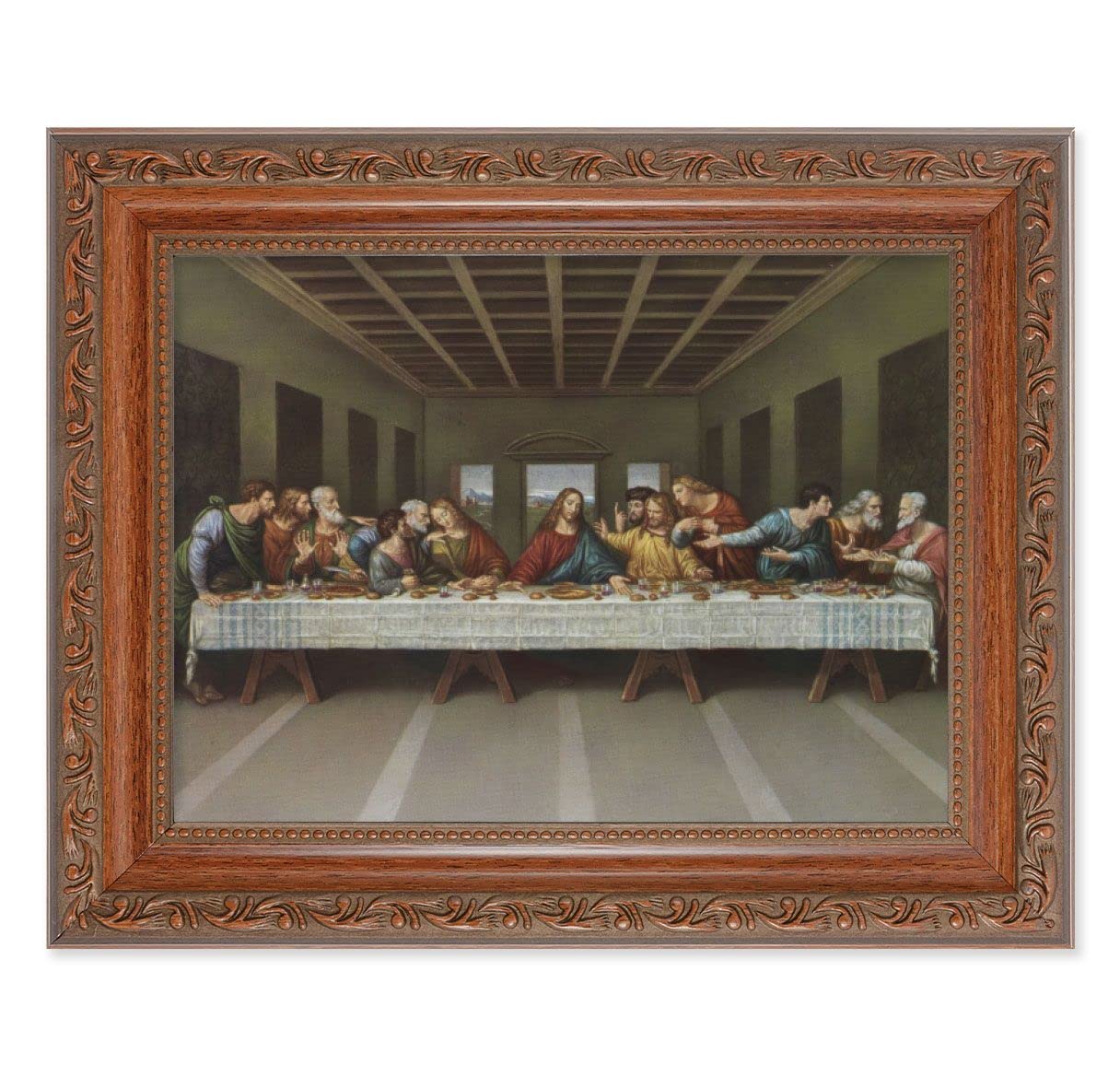 Last Supper Picture, 8-1/4"x10-1/4 Mahogany Finish with Acanthus Leaf Detail Under Glass # 27837
