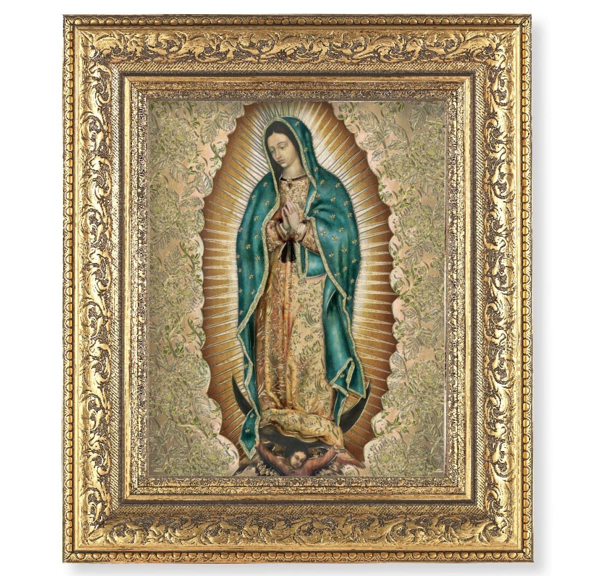 Our Lady of Guadalupe Picture, 12-1/2"x14-1/2, Antique Gold Leaf Carvings Ornate Frame, Italian Gold Stamped Print Under Glass # 25594