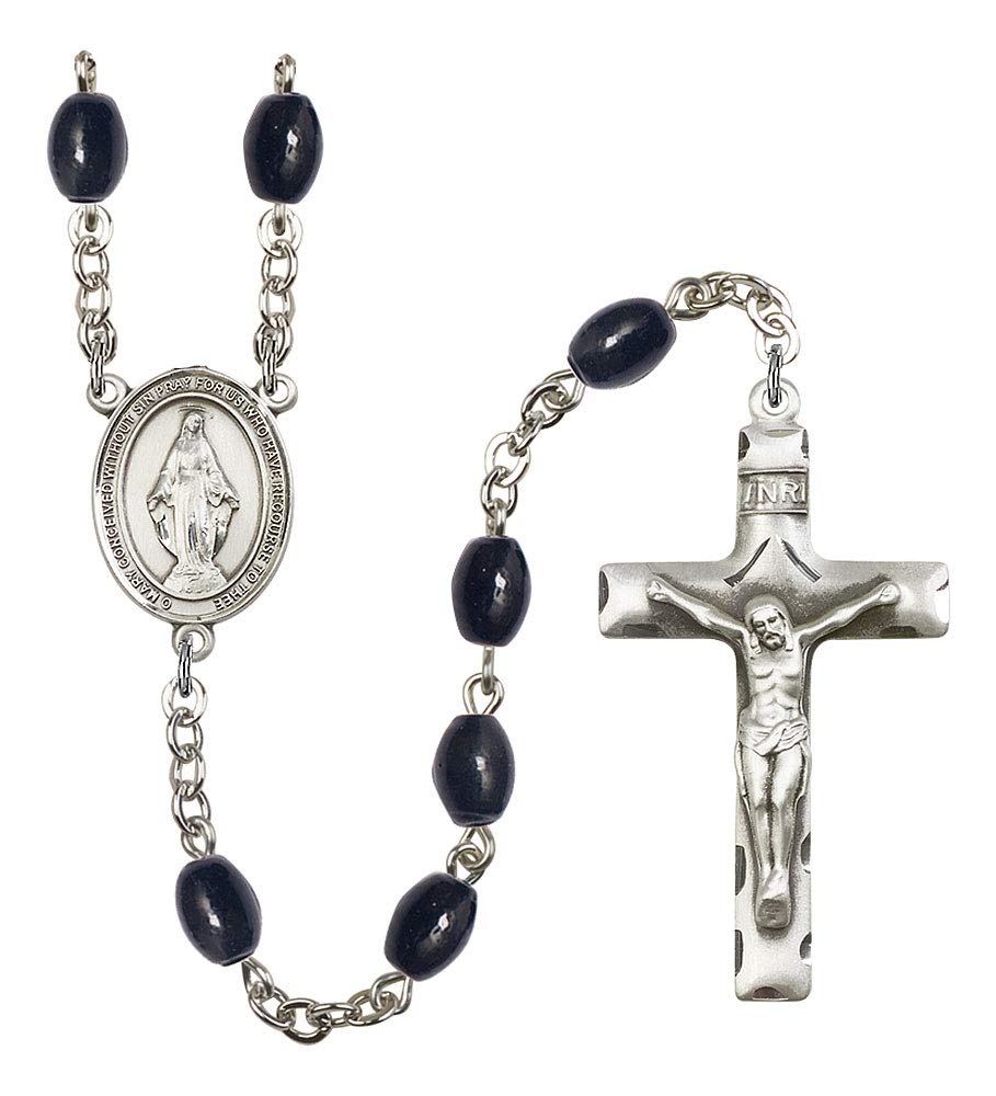 Miraculous Medal Rosary, 8x6mm Black Onyx Beads, Silver Plate, # 13364