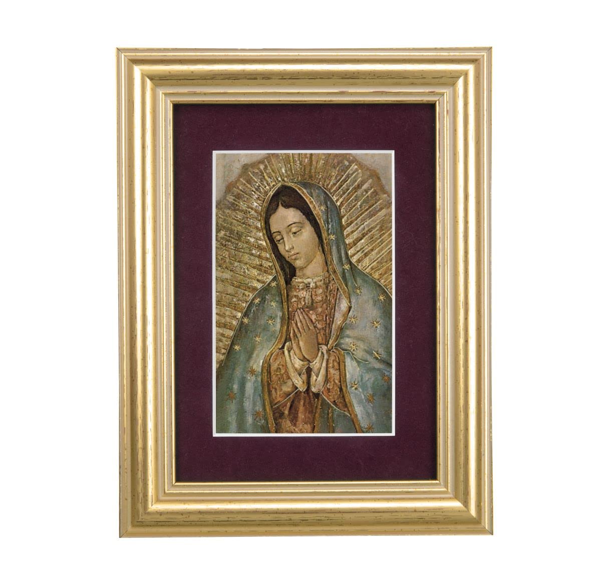 Our Lady of Guadalupe Picture, 5"x6.5" Antique Gold Fluted Frame, Behind Maroon Velvet Matting # 28296