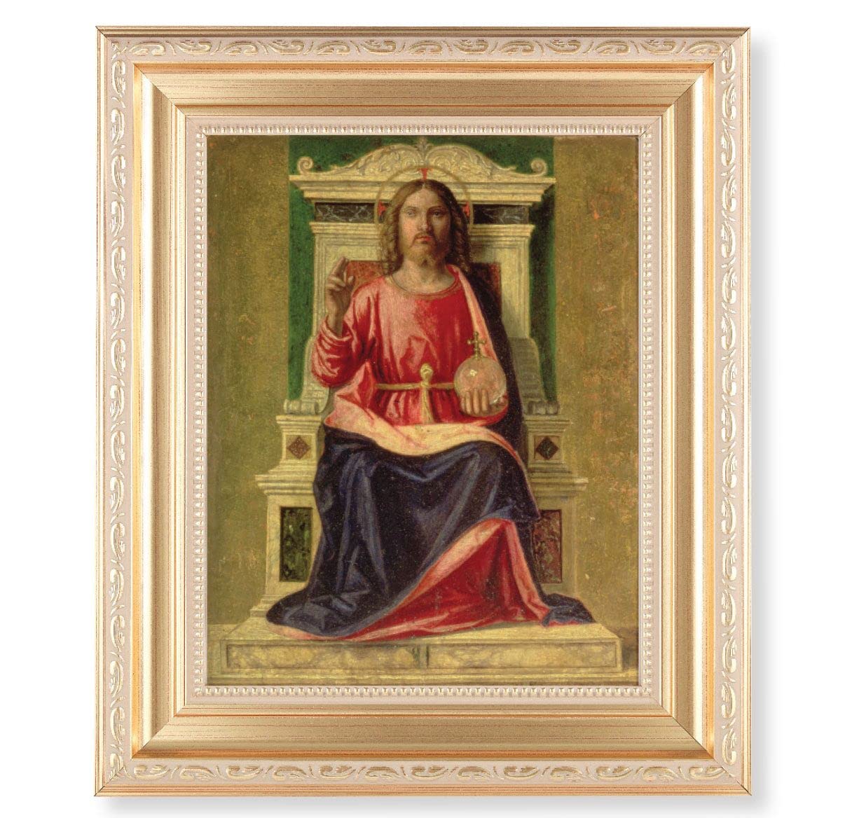 King of Heaven, 11.5"x13.5" Satin Gold Frame, Distressed Finish with Scrollwork, Italian Print Under Glass # 26502