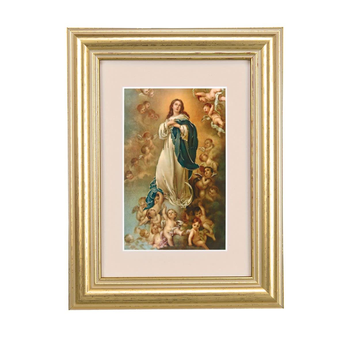 Immaculate Conception Picture, 5"x6.5" Antique Gold Fluted Frame, Behind Cream Velvet Matting # 28237