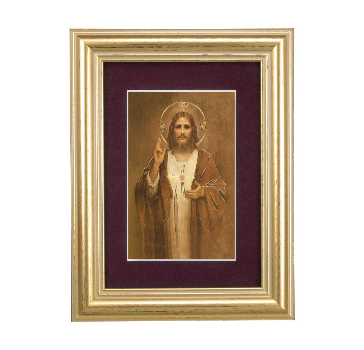 Sacred Heart of Jesus Picture, 5"x6.5" Antique Gold Fluted Frame, Behind Maroon Velvet Matting # 28290
