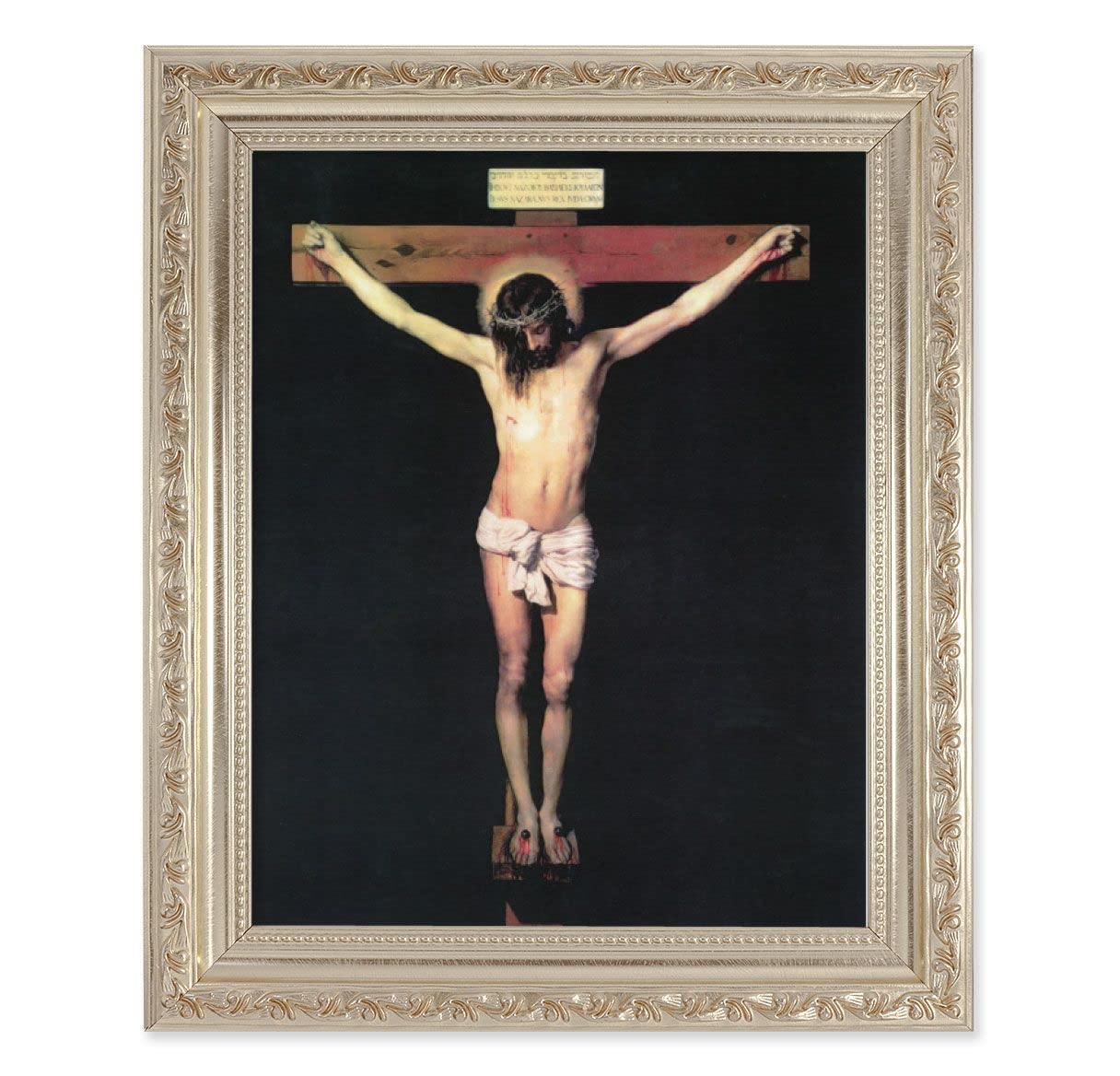 The Crucifixion, 10"x12" Antique Silver & Carved Scrollwork Frame, Italian Print Under Glass # 26782