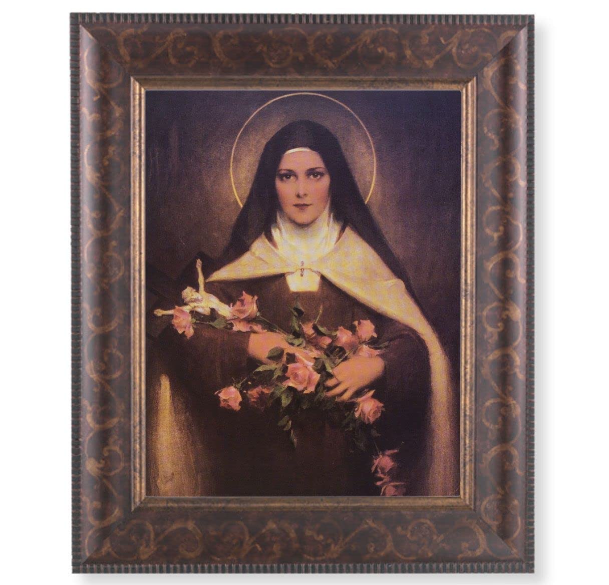 St. Therese of Lisieux Picture, 11-1/4"x13-1/4, Antique Gold & Espresso Frame, Italian Print Under Glass # 25921