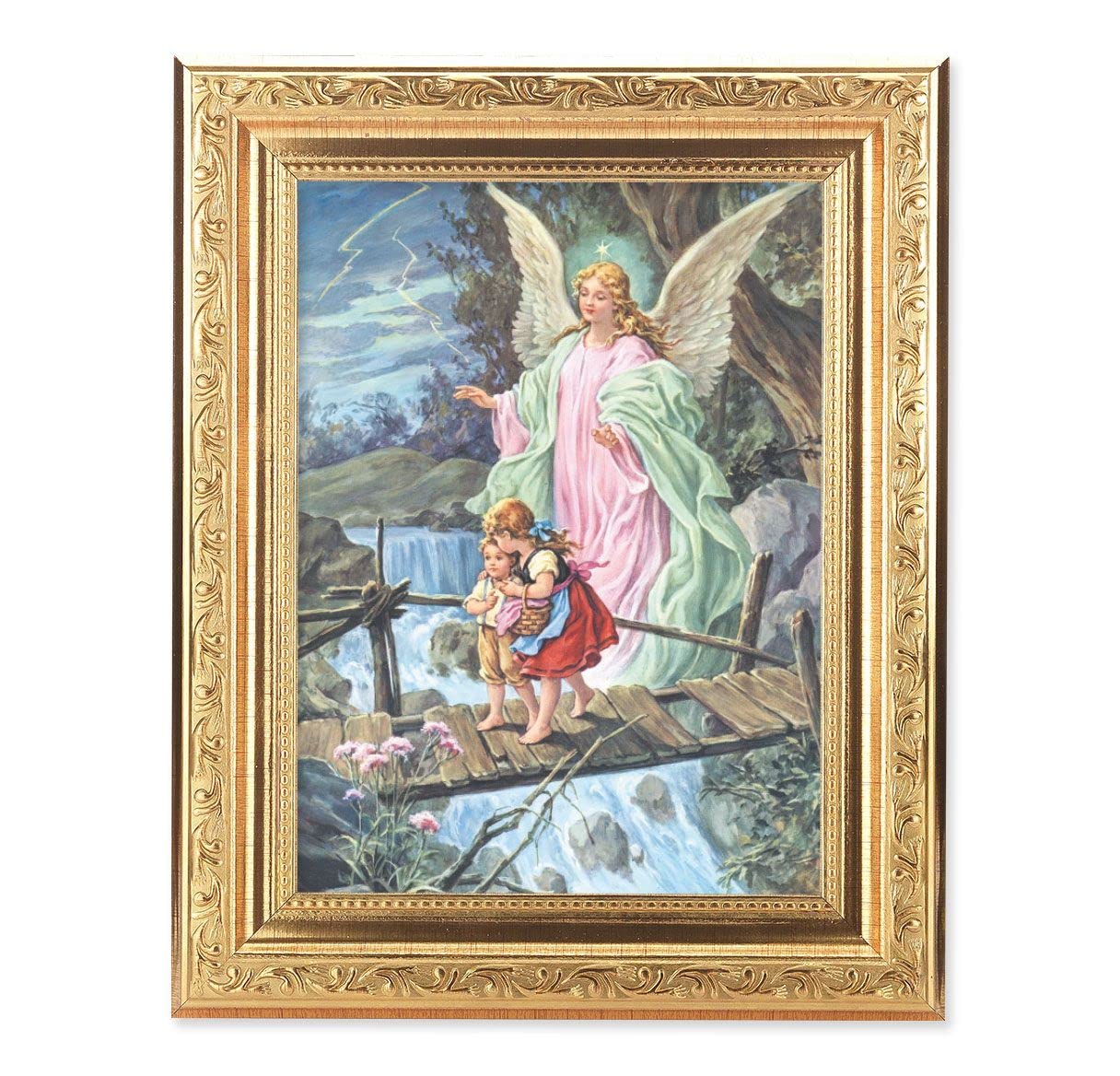 Guardian Angel with Children Picture, 8-1/4"x10-1/4 Gold-Leaf Finish Acanthus Leaf Detail Under Glass # 27714