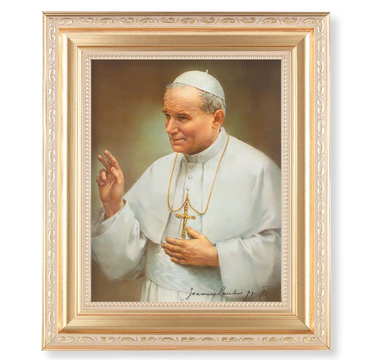 St. John Paul II, 11.5"x13.5" Satin Gold Frame, Distressed Finish with Scrollwork, Italian Print Under Glass # 26489