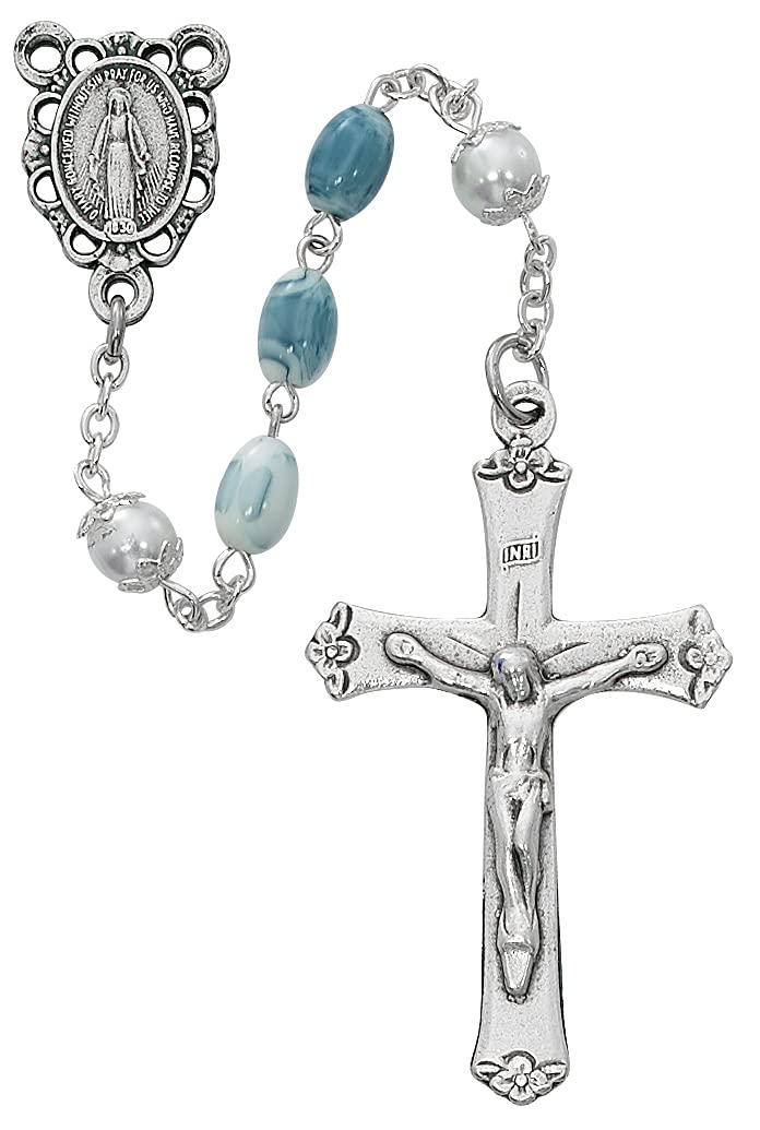 Oval Blus Swirl Rosary, Imitation Marble Beads, Silver Oxide Center and 1-7/8" Crucifix # 21215