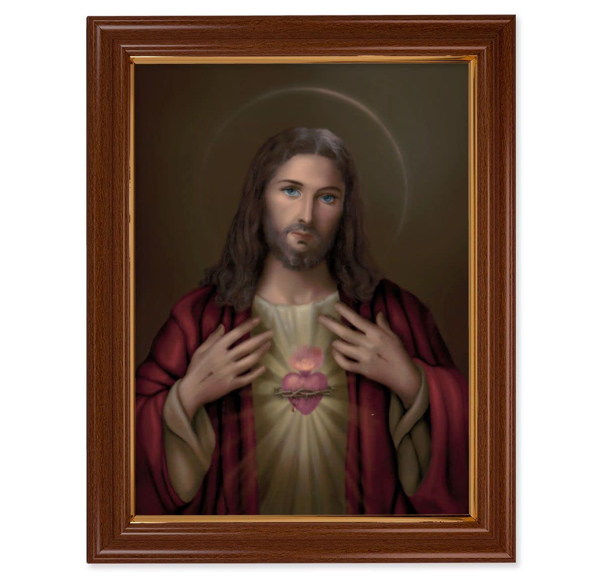 Sacred Heart Picture, 15-1/2"x19-1/2 Walnut Finish Frame with Thin Gold Lip, Textured Italian Print # 22222