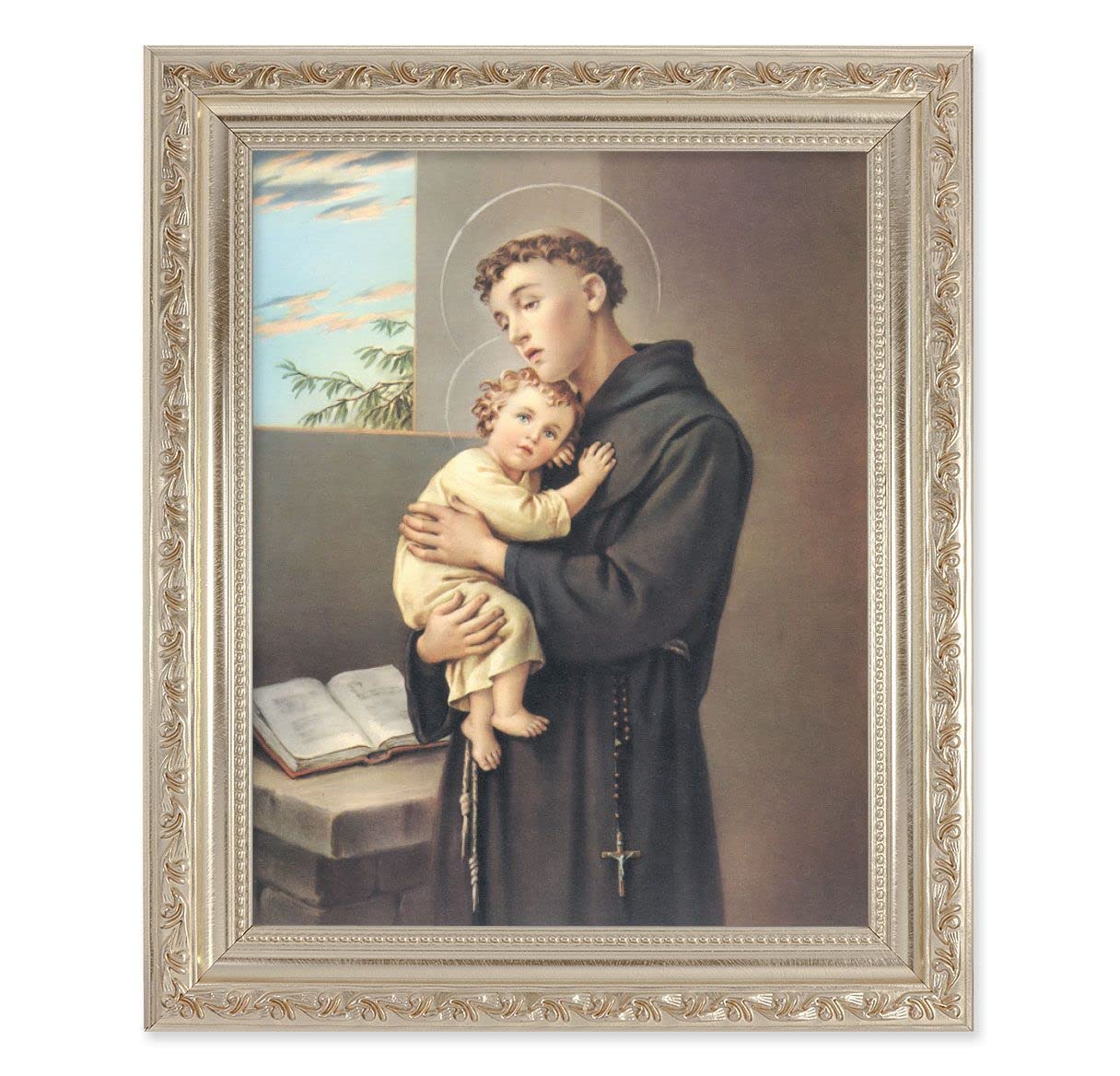 St. Anthony of Padua, 10"x12" Antique Silver & Carved Scrollwork Frame, Italian Print Under Glass # 26834