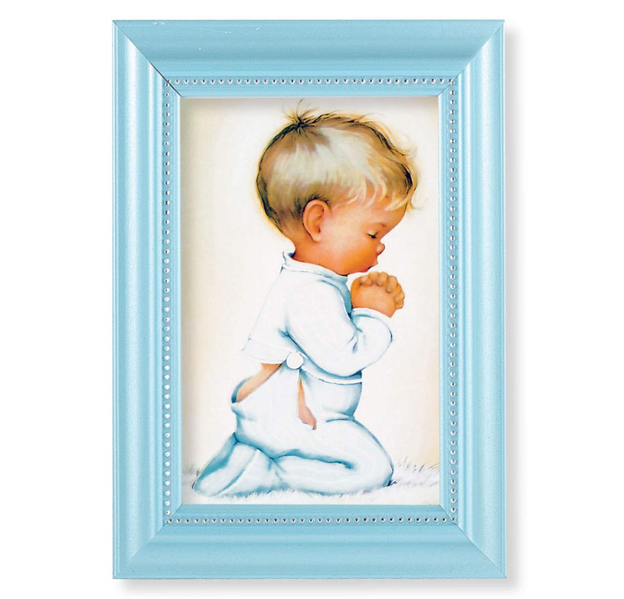 Praying Boy Picture, Pearlized Blue 5-1/2"x7 Frame, Beaded Lip, Under Glass # 28065