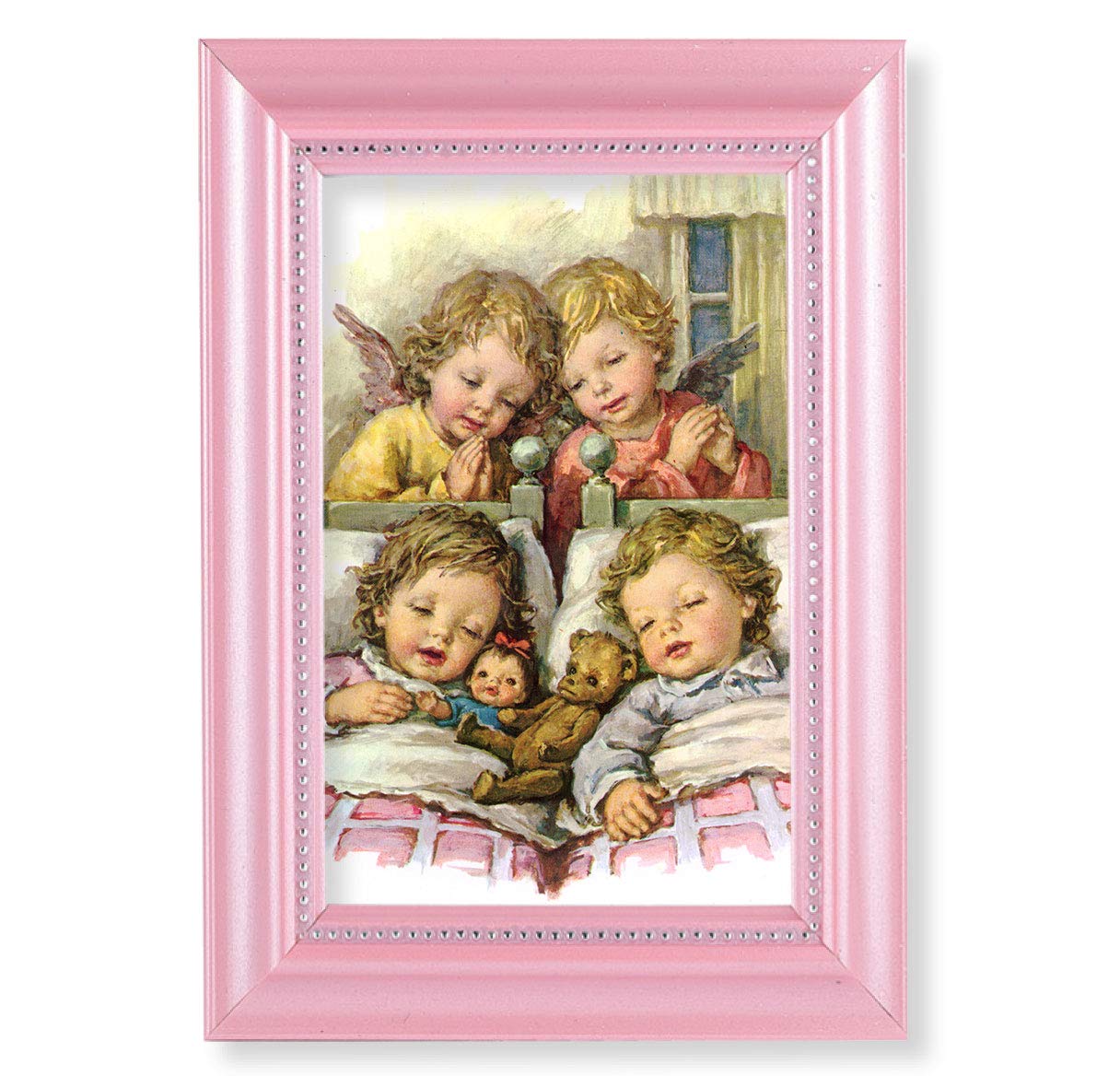 Guardian Angels with Twins Picture, Pearlized Pink 5-1/2"x7 Frame, Beaded Lip, Under Glass # 28072