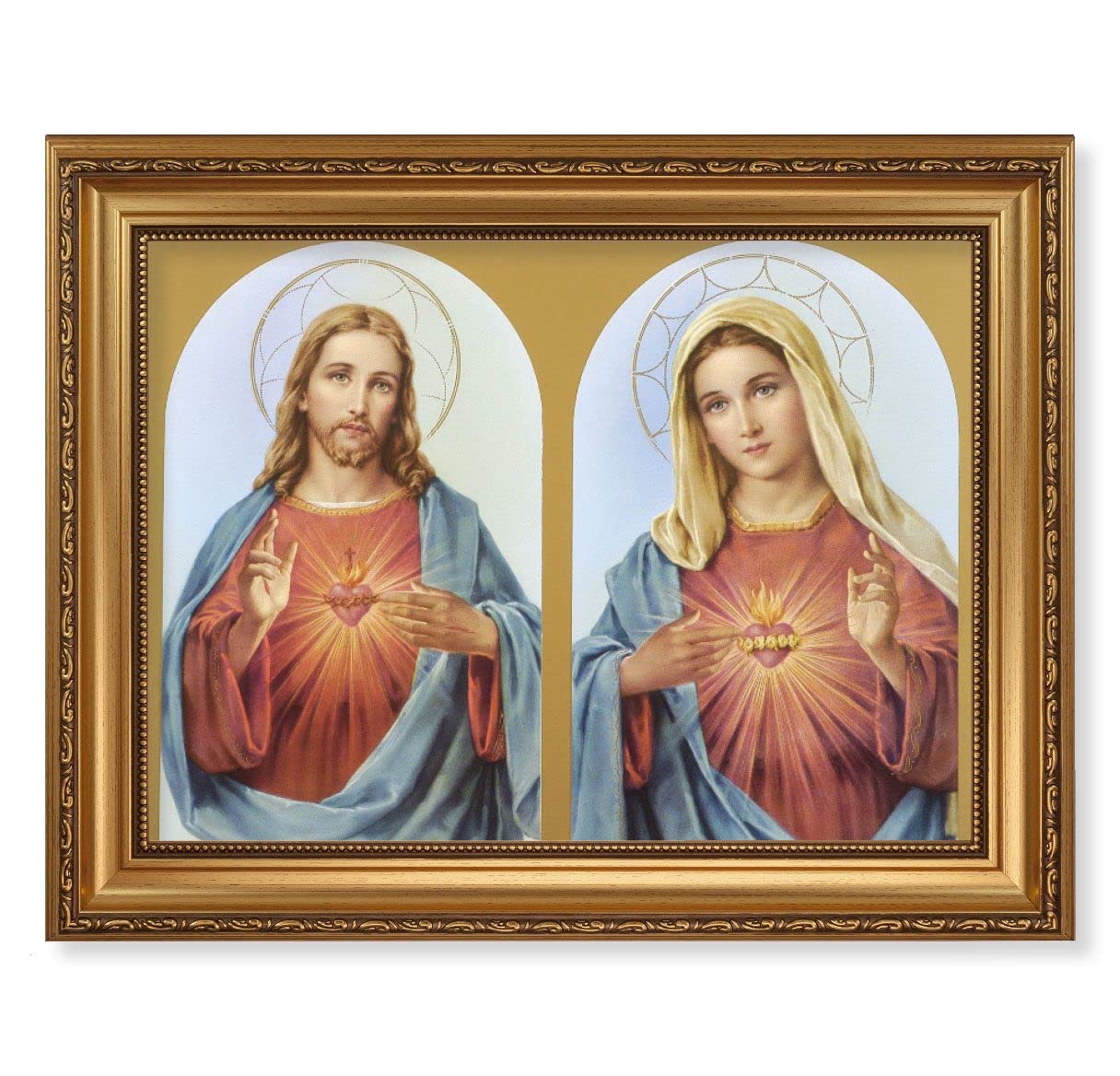 The Sacred Hearts Picture, 15-1/2"x19-1/2 Antique Gold Leaf Frame, Acanthus-Leaf Trim, Beaded Lip, Textured Italian Print # 22166
