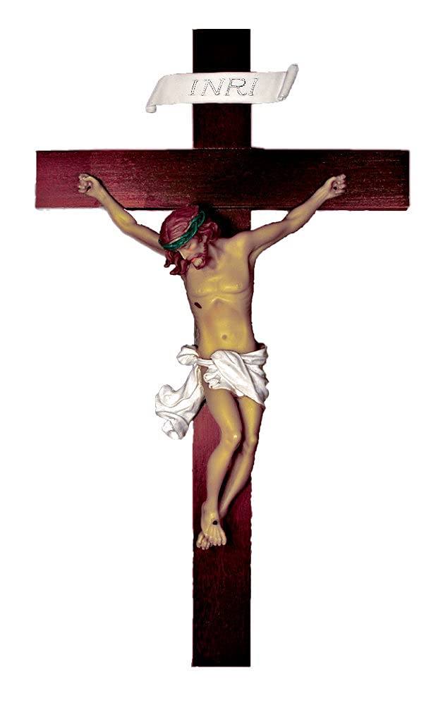 14" Baroque Style Crucifix, Hand Painted Alabaster on Wood, # 67823