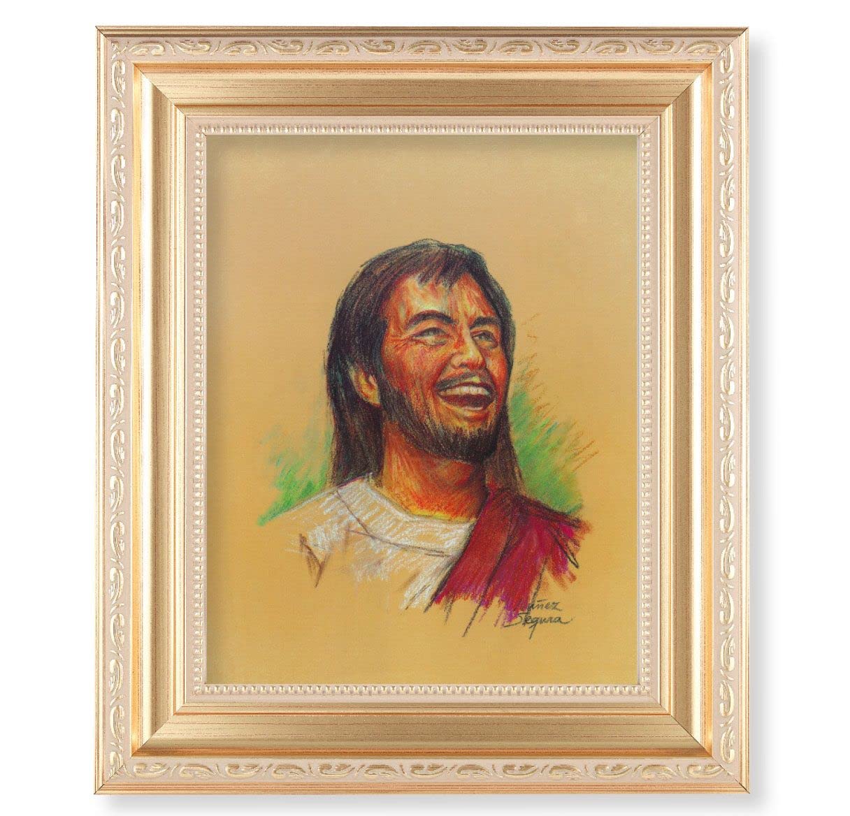 Segura: Laughing Jesus, 11.5"x13.5" Satin Gold Frame, Distressed Finish with Scrollwork, Italian Print Under Glass # 26410
