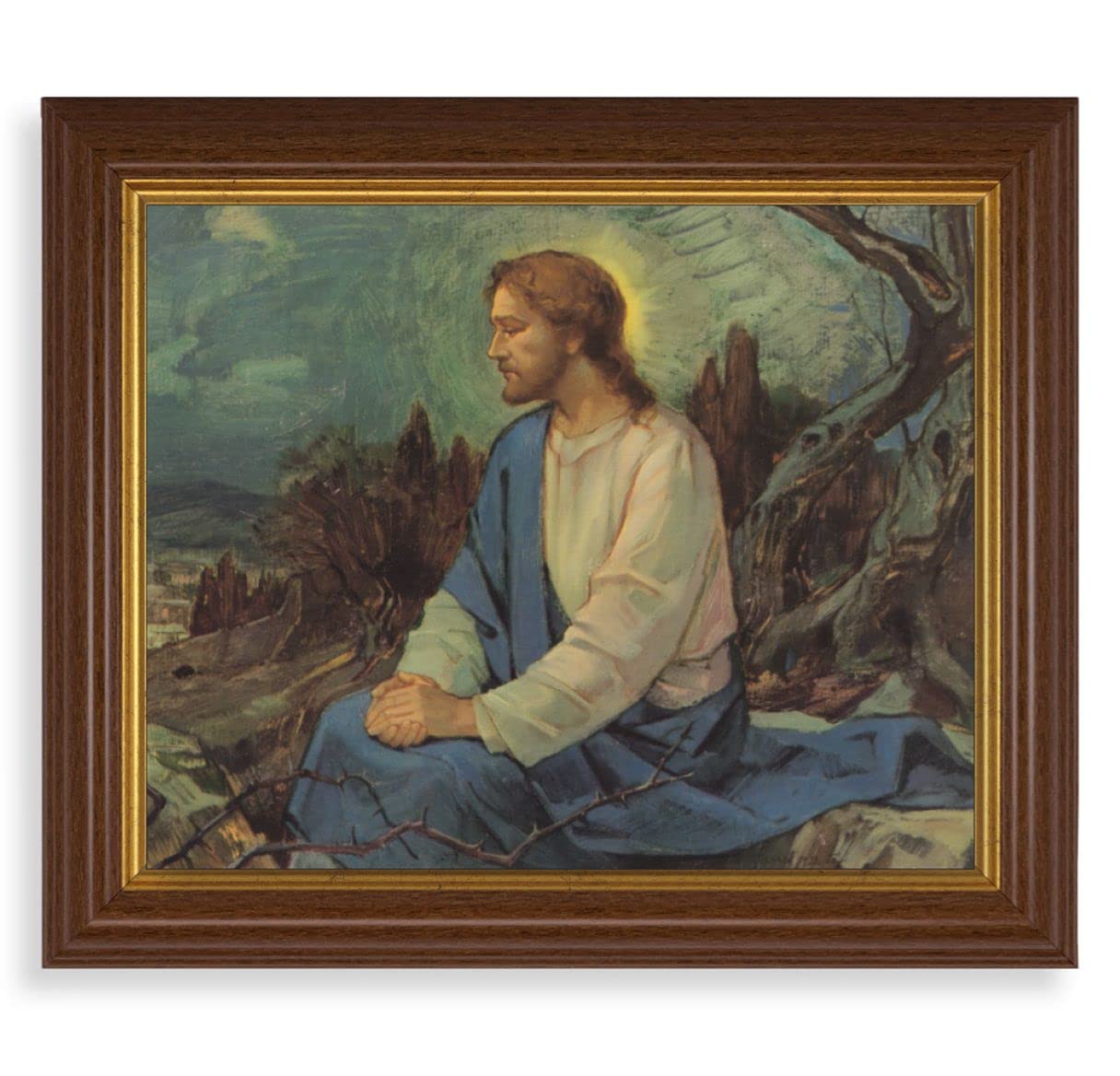 Meditation in The Garden Picture, 10.5"x12.5" Walnut Finished Fluted Frame, Gold Beaded Lip, Italian Print # 27117