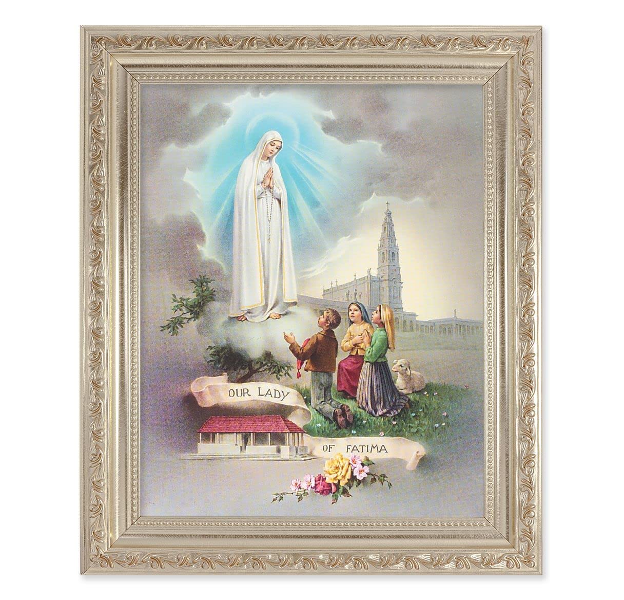 Our Lady of Fatima, 10"x12" Antique Silver & Carved Scrollwork Frame, Italian Print Under Glass # 26799